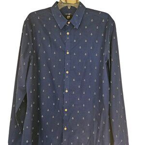 H&M Blue Micro Print Anchor Long Sleeve Button Front Shirt Mens Size L Slim Fit